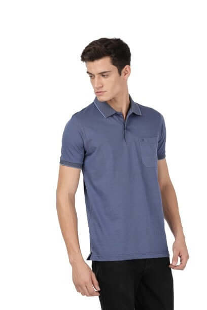 Model dressed in Clarke Gable's Blue Plain Polo Collar T-Shirt in a casual setting