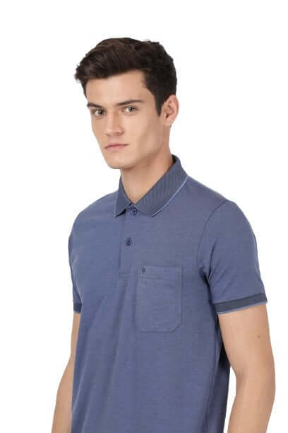 Model dressed in Clarke Gable's Blue Plain Polo Collar T-Shirt in a casual setting