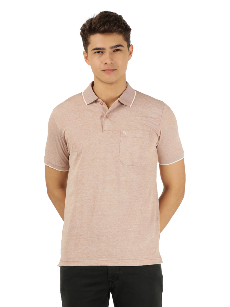 Model dressed in Clarke Gable's Coral Polo Collar T-Shirt in a casual setting