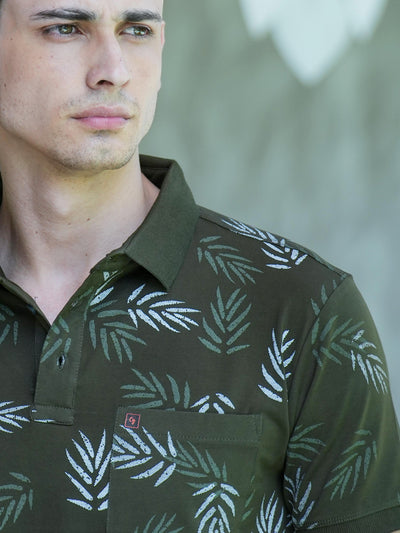 Olive Green Graphic Printed Polo T Shirt