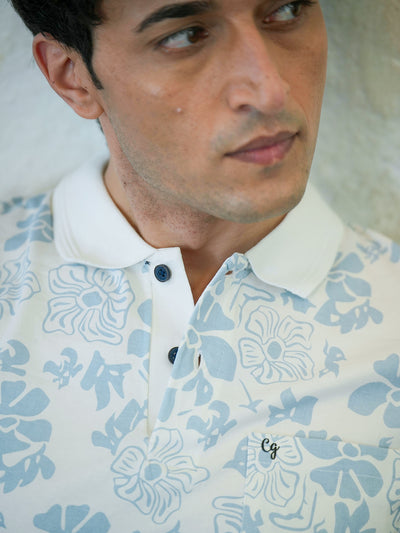 Ink Blue Abstract Printed Polo T Shirt