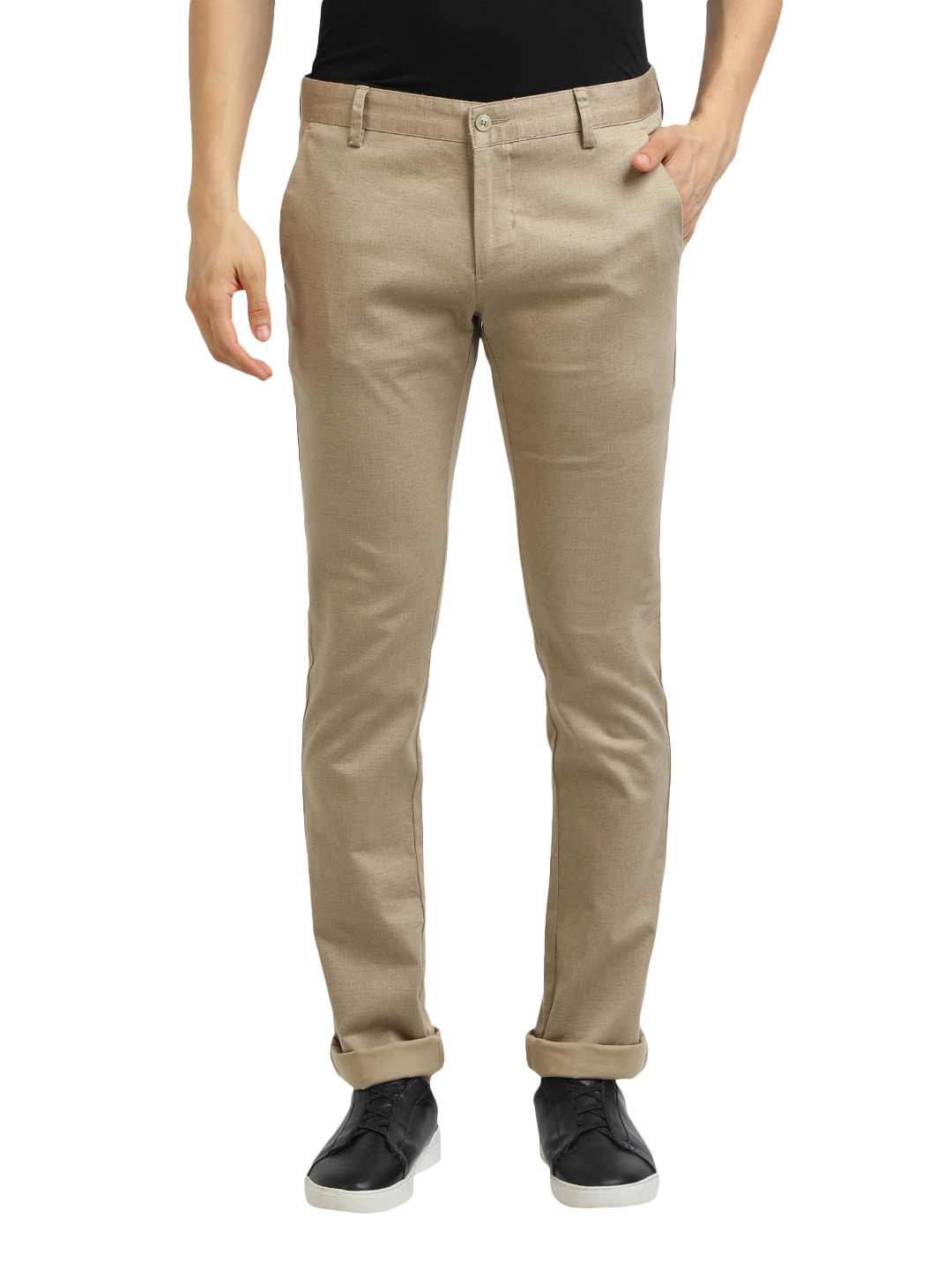 Model wearing Clarke Gable's Khaki Trim Fit Trousers in a casual setting