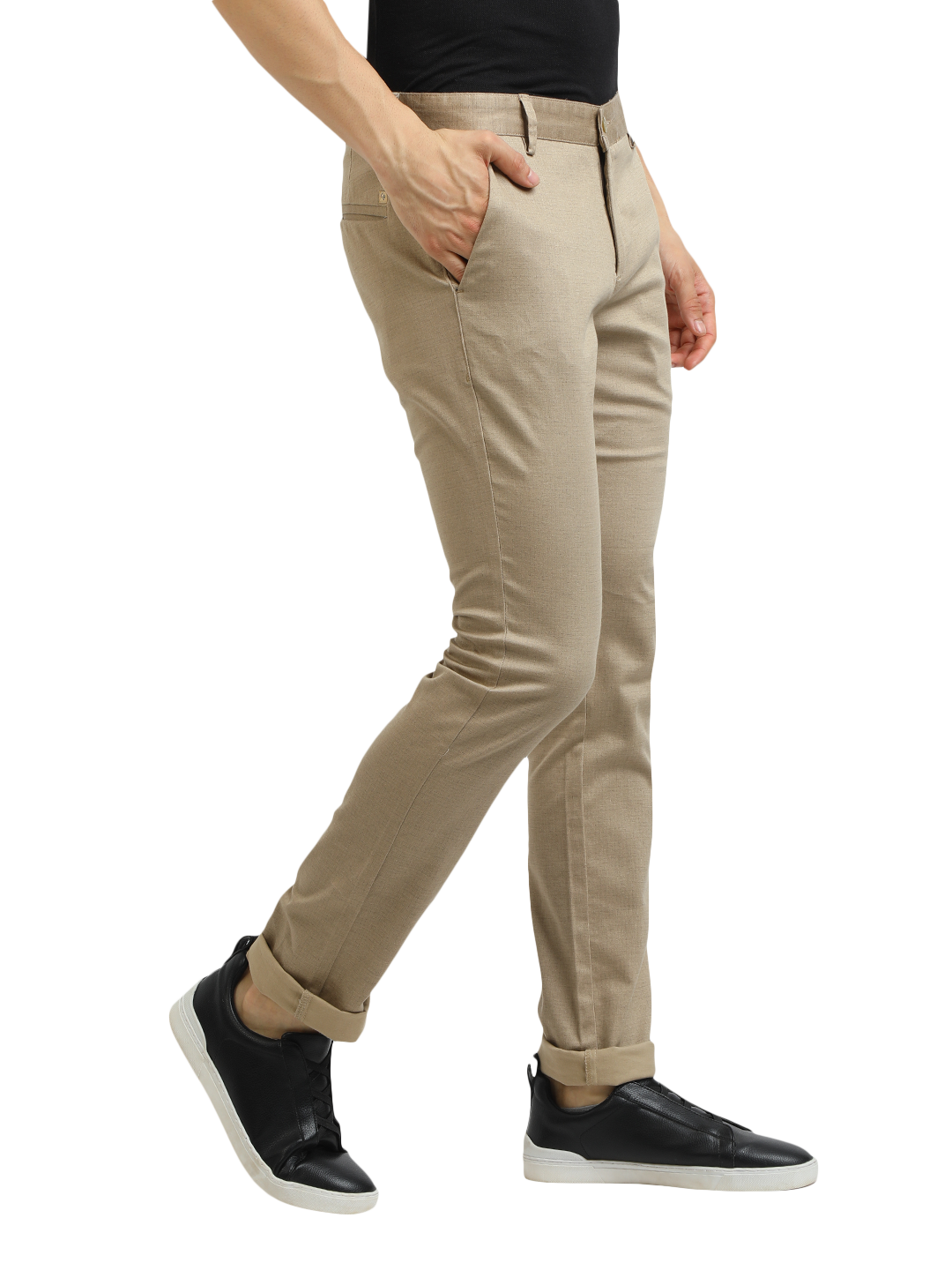 Model wearing Clarke Gable's Khaki Trim Fit Trousers in a casual setting