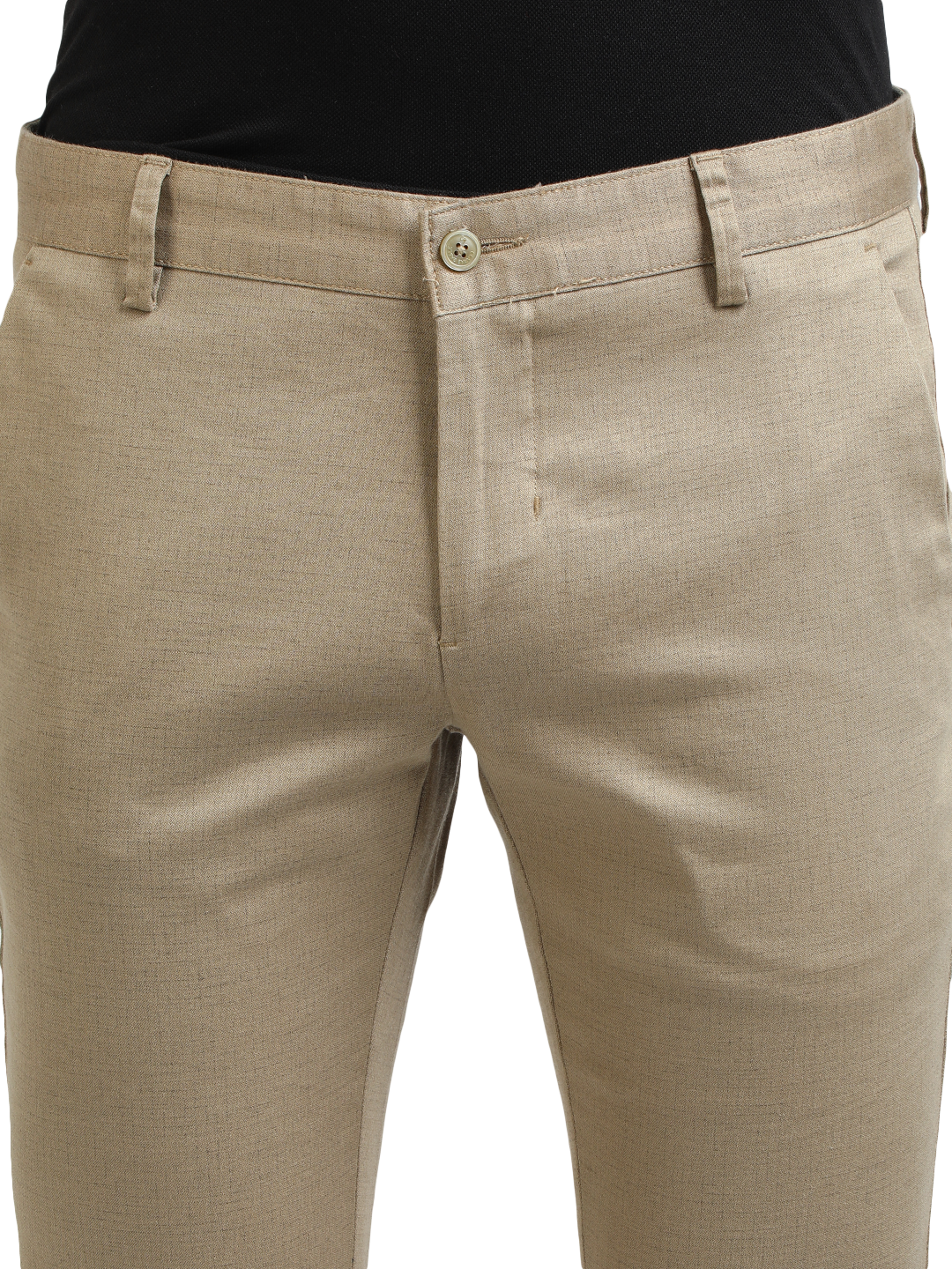 Model wearing Clarke Gable's Khaki Trim Fit Trousers in a casual setting