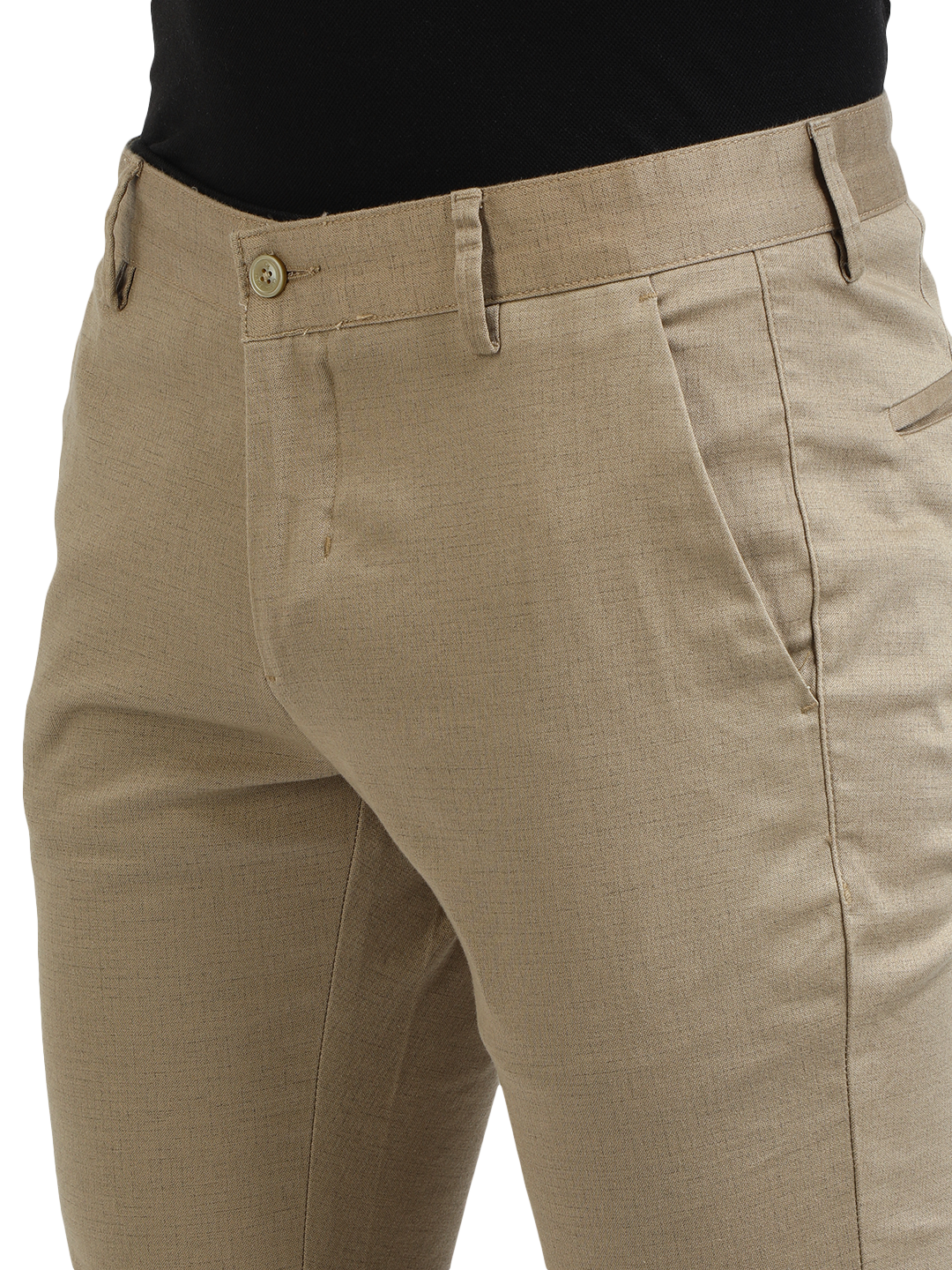 Model wearing Clarke Gable's Khaki Trim Fit Trousers in a casual setting