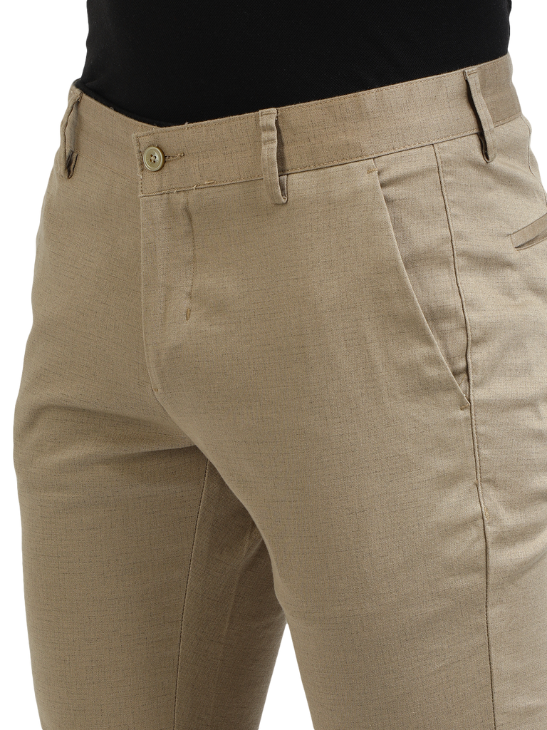 Model wearing Clarke Gable's Khaki Trim Fit Trousers in a casual setting