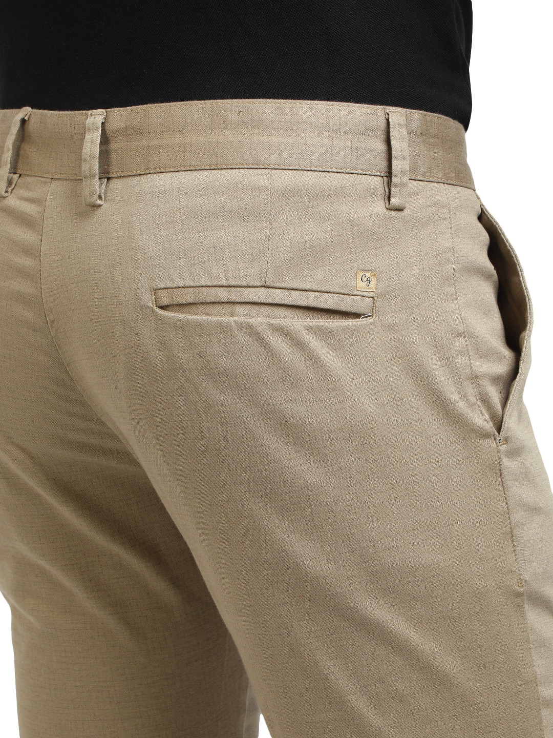 Model wearing Clarke Gable's Khaki Trim Fit Trousers in a casual setting