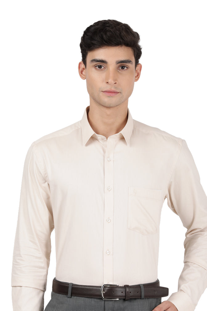 Model dressed in Clarke Gable's Cream Plain Relax Fit Shirt in a casual setting