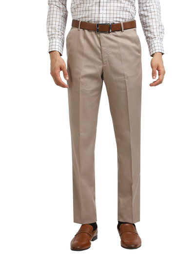 Model wearing Clarke Gable's Light Beige Sharp Fit Trousers in a casual setting