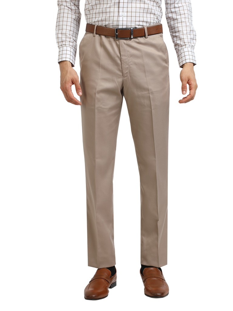 Model wearing Clarke Gable's Light Beige Sharp Fit Trousers in a casual setting