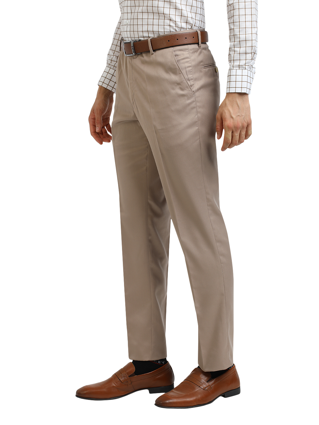 Model wearing Clarke Gable's Light Beige Sharp Fit Trousers in a casual setting
