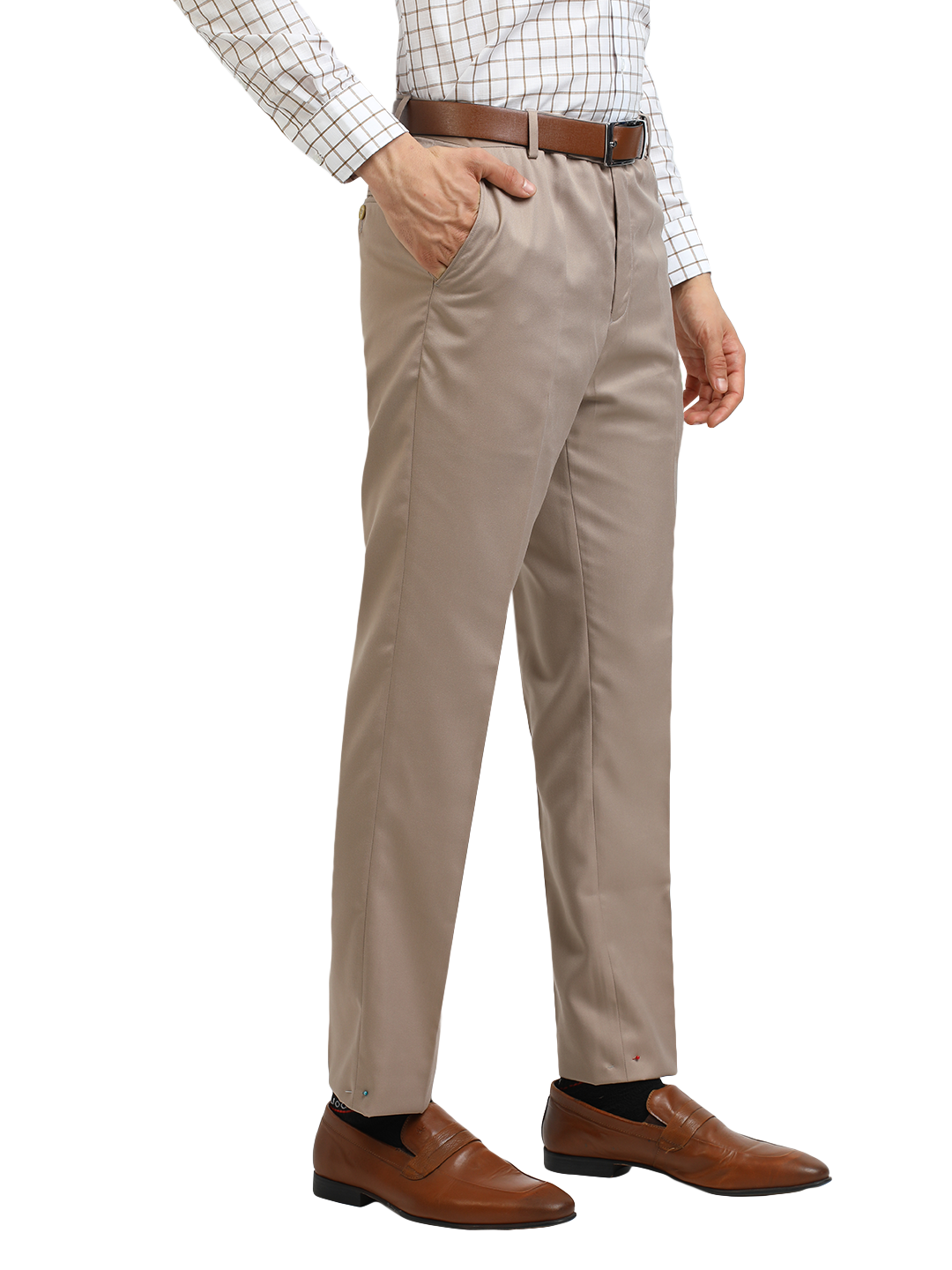 Model wearing Clarke Gable's Light Beige Sharp Fit Trousers in a casual setting