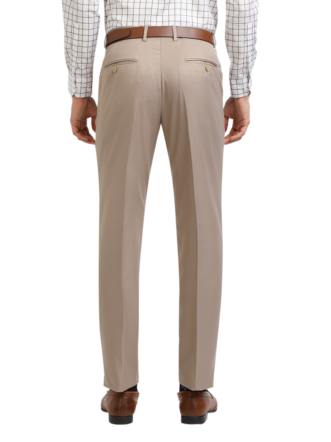 Model wearing Clarke Gable's Light Beige Sharp Fit Trousers in a casual setting