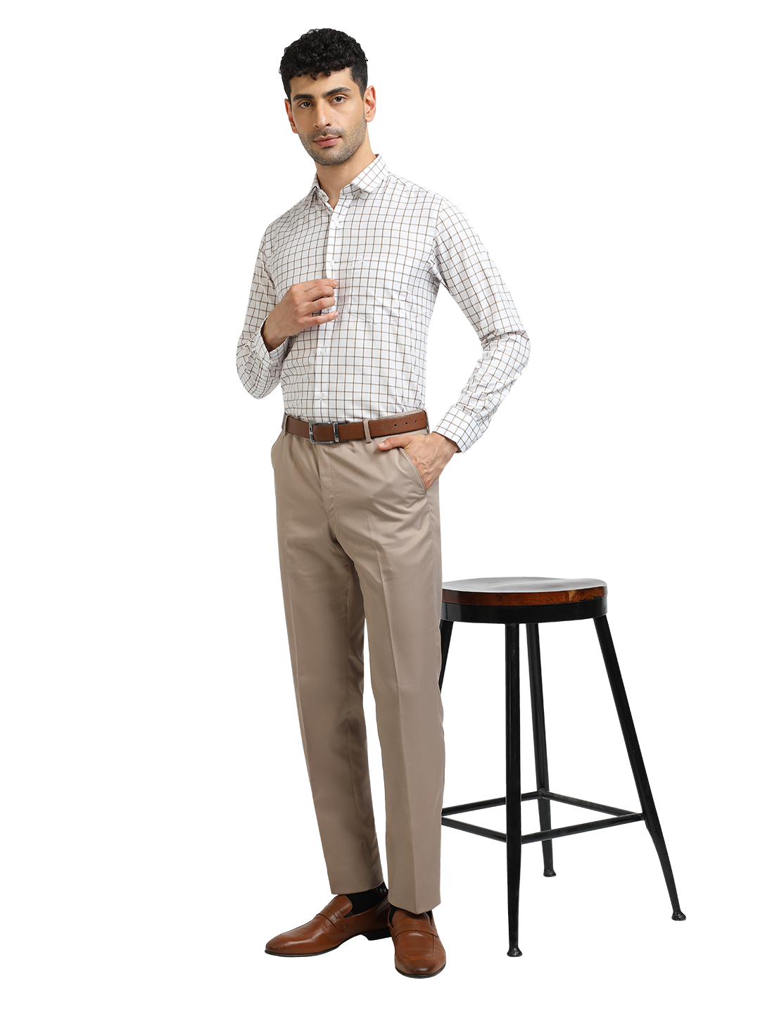 Model wearing Clarke Gable's Light Beige Sharp Fit Trousers in a casual setting