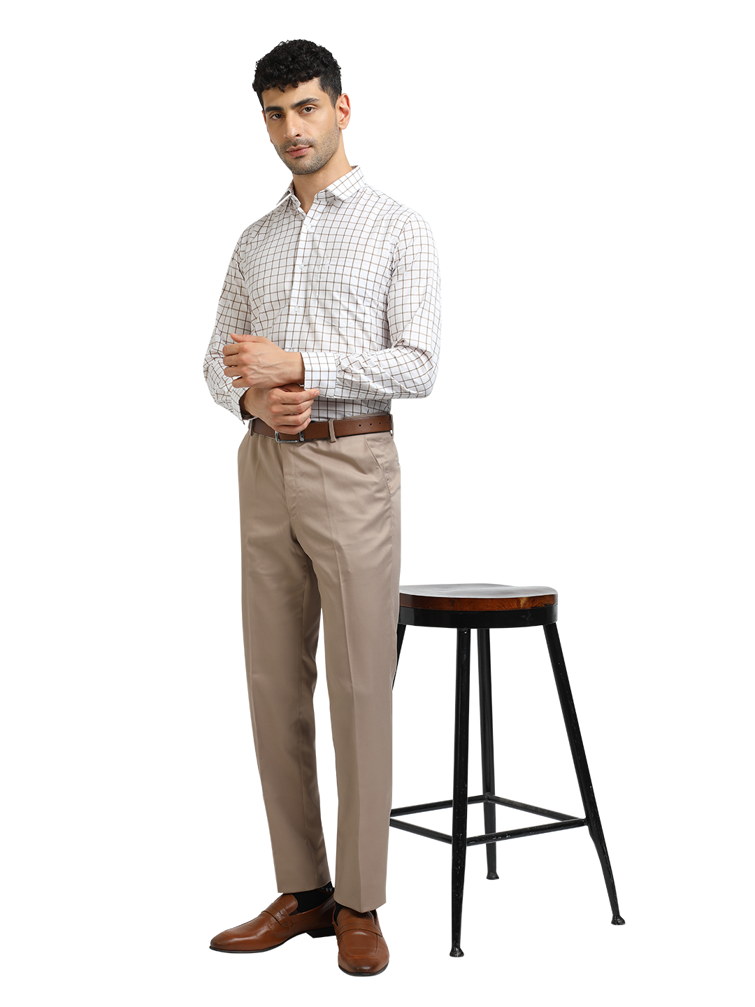 Model wearing Clarke Gable's Light Beige Sharp Fit Trousers in a casual setting