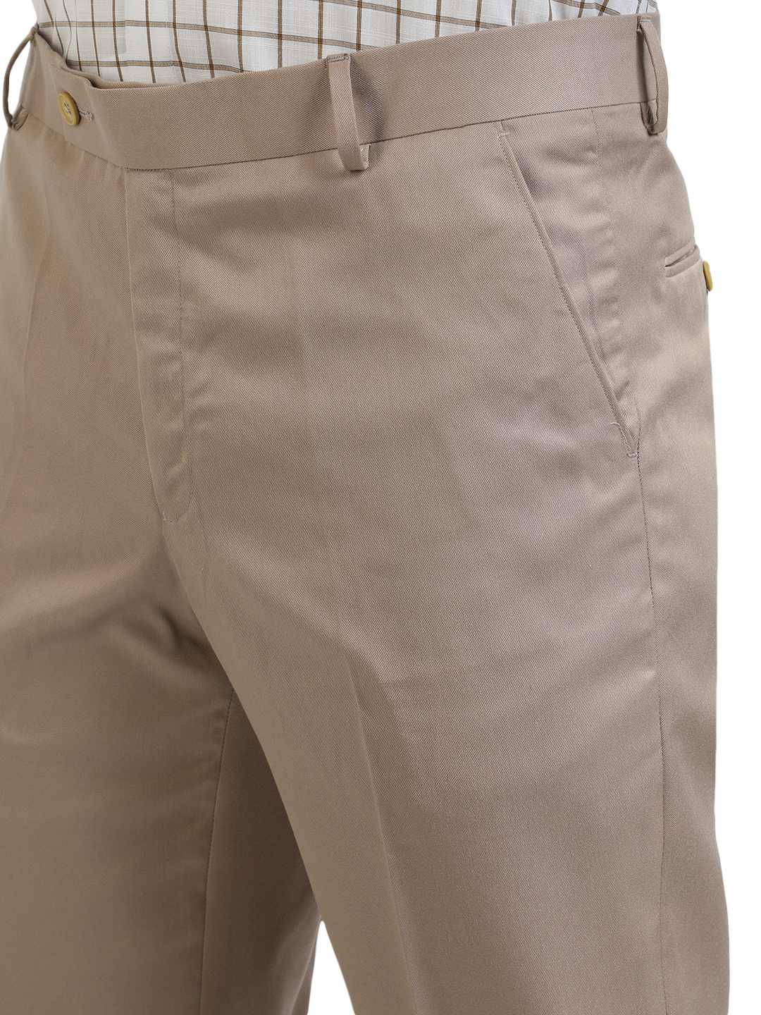 Model wearing Clarke Gable's Light Beige Sharp Fit Trousers in a casual setting
