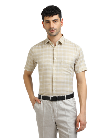 Model wearing Clarke Gable's Light Beige With White Checked Formal Shirt in a casual setting