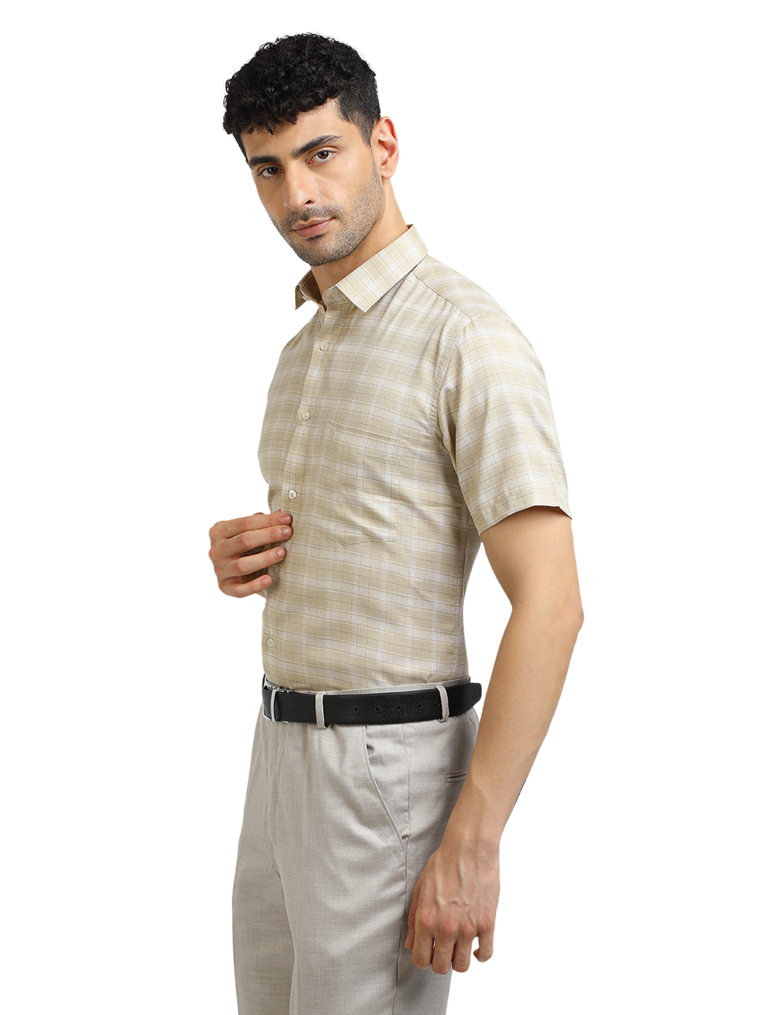 Model wearing Clarke Gable's Light Beige With White Checked Formal Shirt in a casual setting