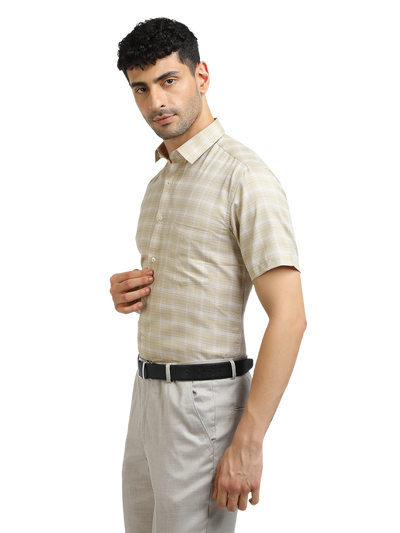 Model wearing Clarke Gable's Light Beige With White Checked Formal Shirt in a casual setting