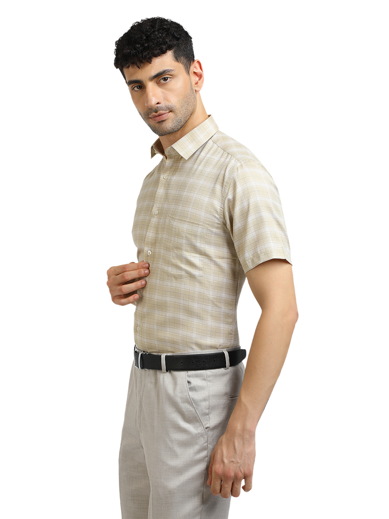 Model wearing Clarke Gable's Light Beige With White Checked Formal Shirt in a casual setting
