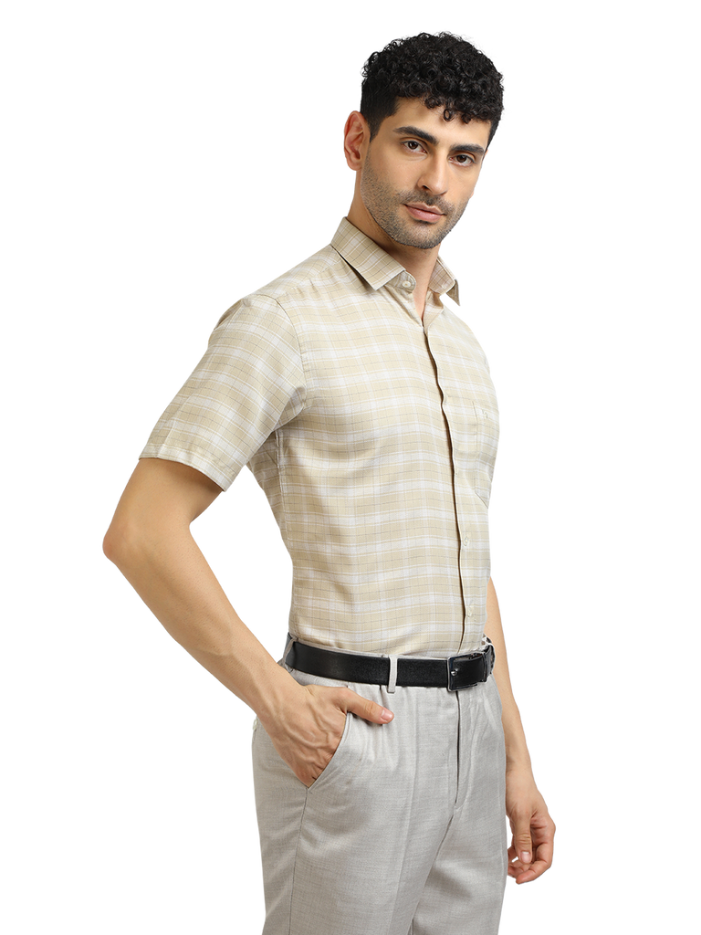 Model wearing Clarke Gable's Light Beige With White Checked Formal Shirt in a casual setting