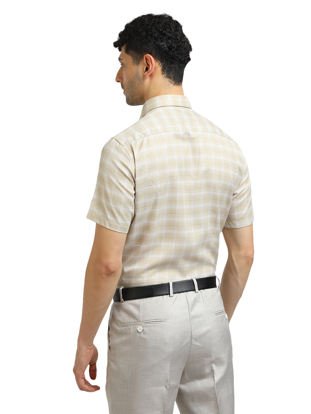 Model wearing Clarke Gable's Light Beige With White Checked Formal Shirt in a casual setting