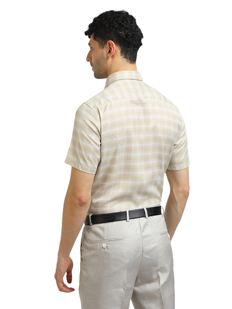 Model wearing Clarke Gable's Light Beige With White Checked Formal Shirt in a casual setting