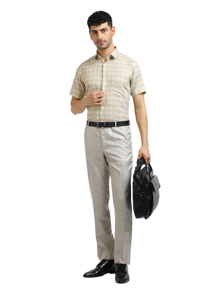 Model wearing Clarke Gable's Light Beige With White Checked Formal Shirt in a casual setting