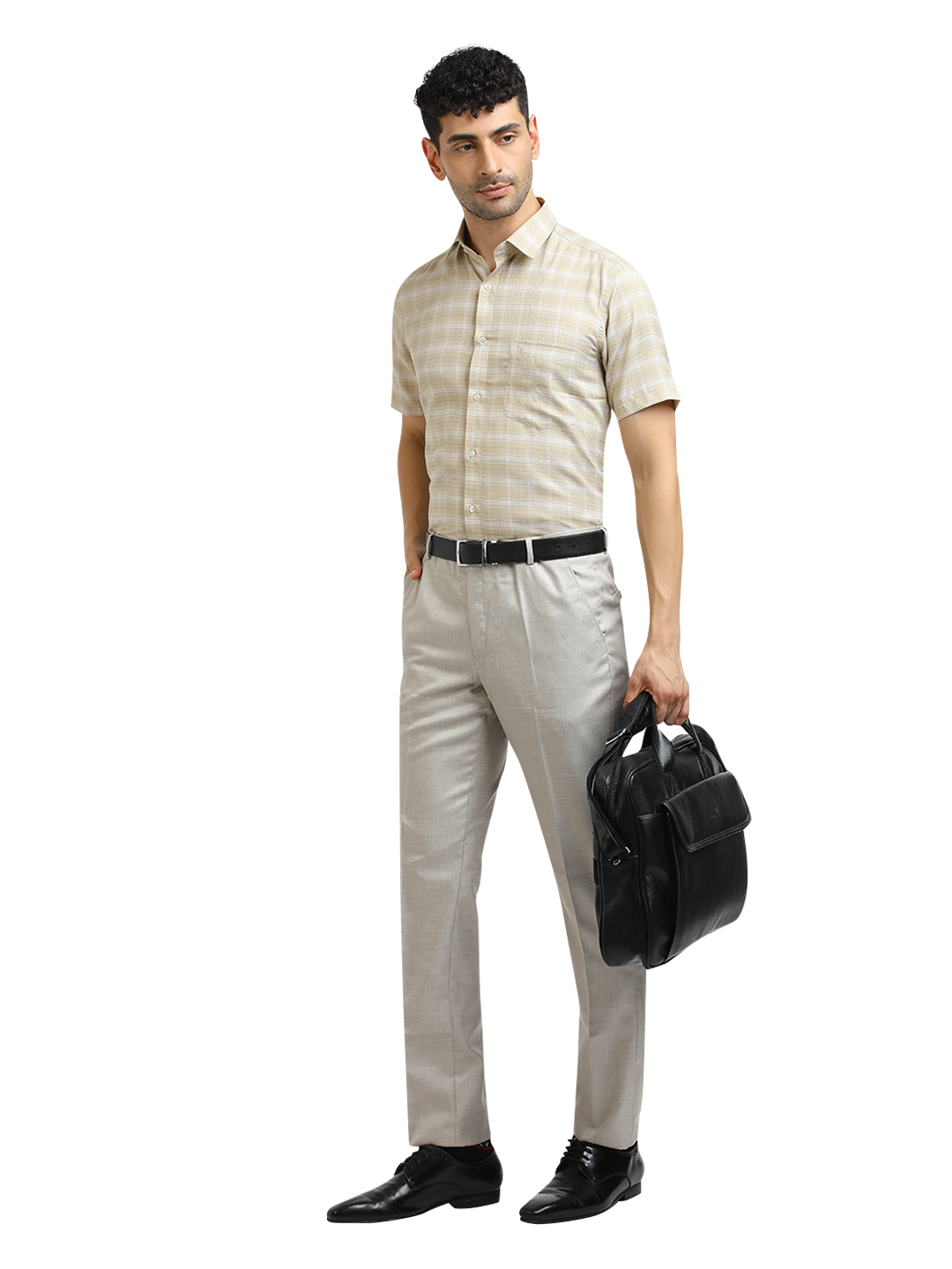 Model wearing Clarke Gable's Light Beige With White Checked Formal Shirt in a casual setting