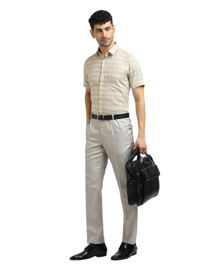 Model wearing Clarke Gable's Light Beige With White Checked Formal Shirt in a casual setting