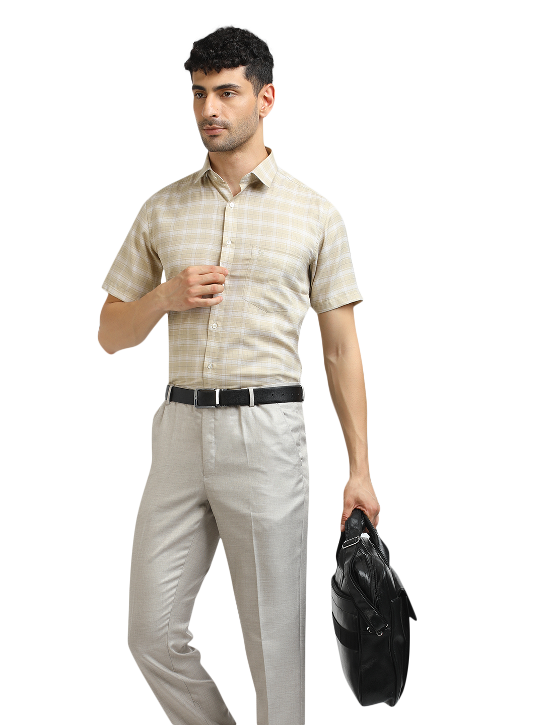 Model wearing Clarke Gable's Light Beige With White Checked Formal Shirt in a casual setting