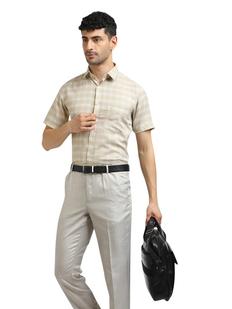 Model wearing Clarke Gable's Light Beige With White Checked Formal Shirt in a casual setting