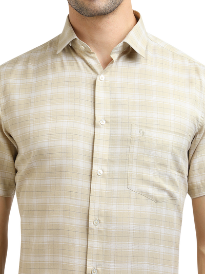 Model wearing Clarke Gable's Light Beige With White Checked Formal Shirt in a casual setting