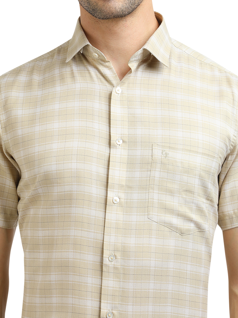 Model wearing Clarke Gable's Light Beige With White Checked Formal Shirt in a casual setting