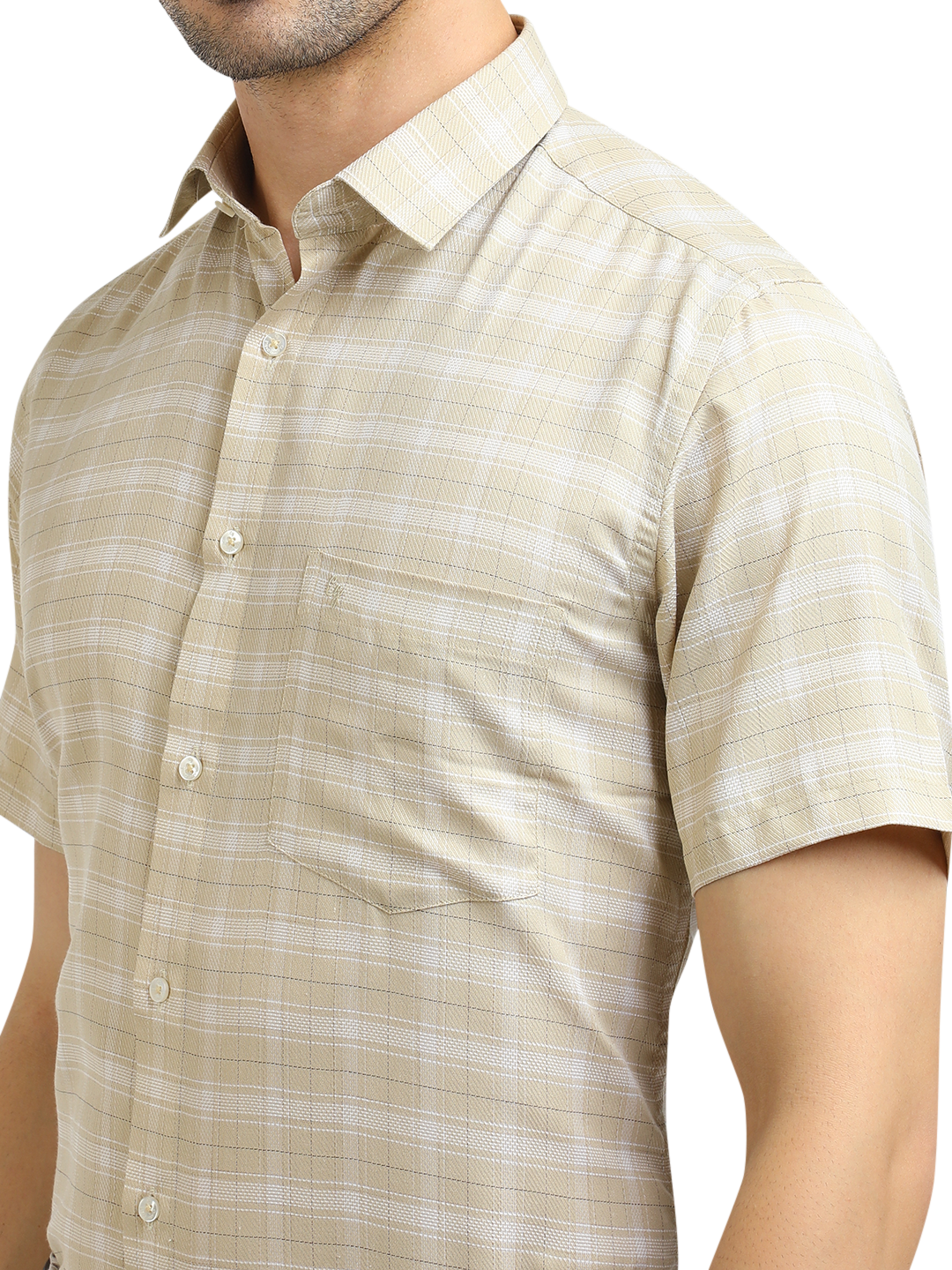 Model wearing Clarke Gable's Light Beige With White Checked Formal Shirt in a casual setting