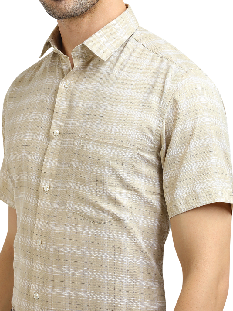 Model wearing Clarke Gable's Light Beige With White Checked Formal Shirt in a casual setting