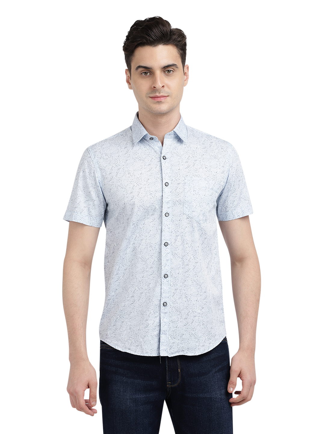 Model wearing Clarke Gable's Light Blue Printed Casual Shirt in a casual setting