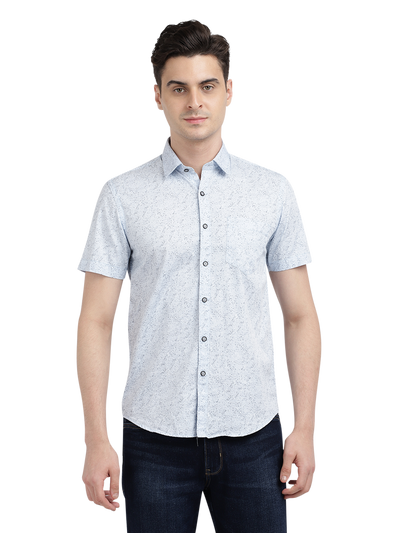 Model wearing Clarke Gable's Light Blue Printed Casual Shirt in a casual setting