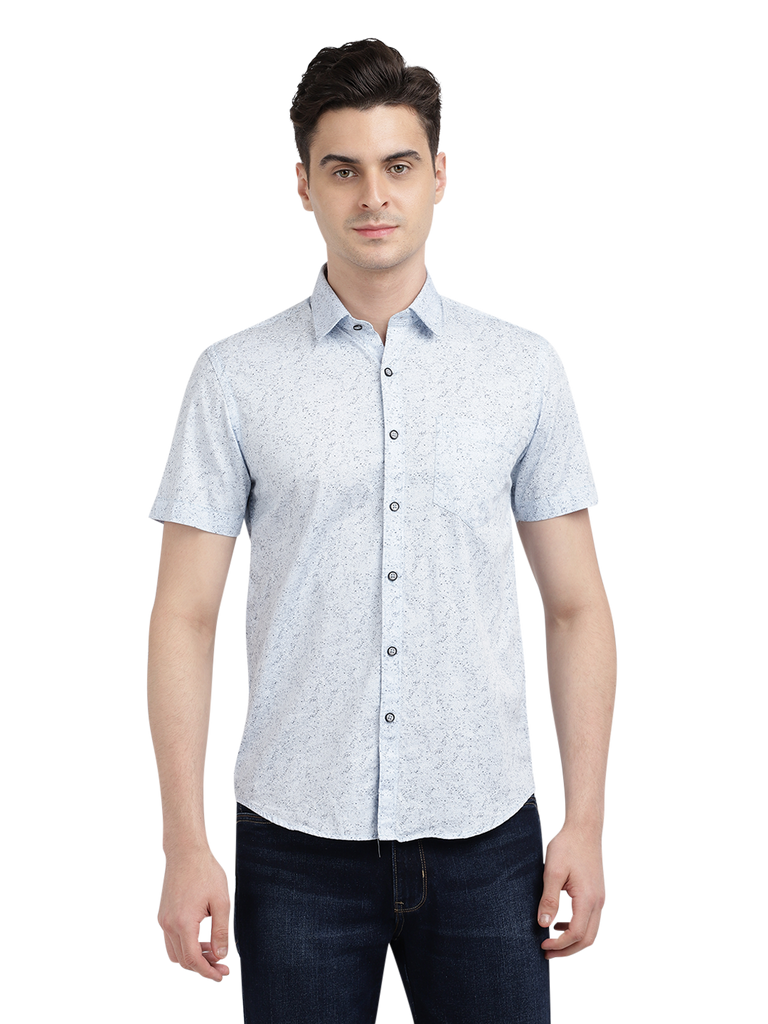 Model wearing Clarke Gable's Light Blue Printed Casual Shirt in a casual setting