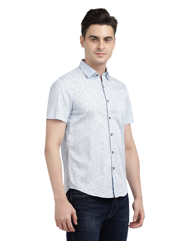 Model wearing Clarke Gable's Light Blue Printed Casual Shirt in a casual setting