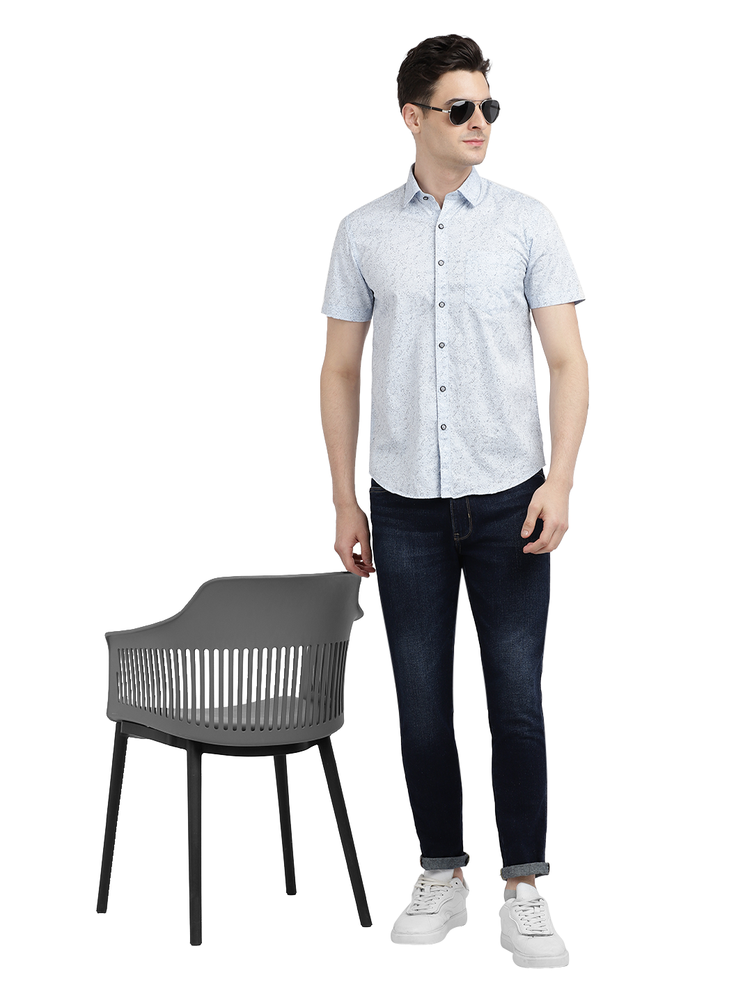 Model wearing Clarke Gable's Light Blue Printed Casual Shirt in a casual setting