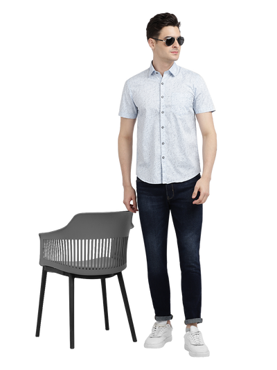 Model wearing Clarke Gable's Light Blue Printed Casual Shirt in a casual setting