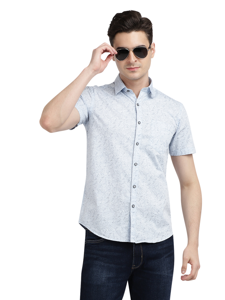 Model wearing Clarke Gable's Light Blue Printed Casual Shirt in a casual setting