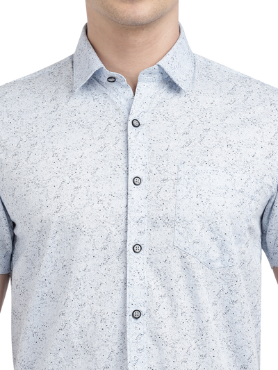 Model wearing Clarke Gable's Light Blue Printed Casual Shirt in a casual setting