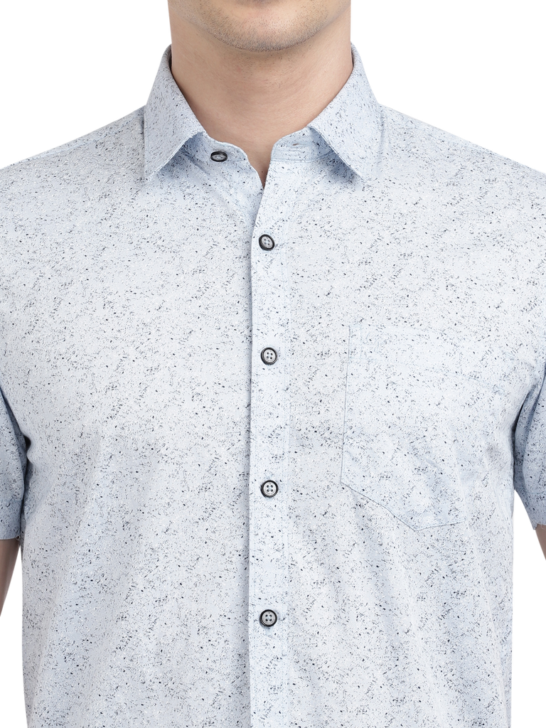 Model wearing Clarke Gable's Light Blue Printed Casual Shirt in a casual setting