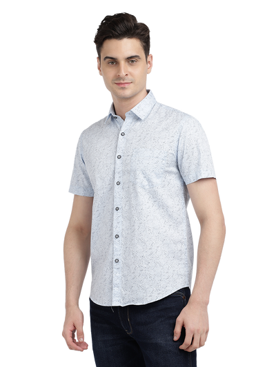 Model wearing Clarke Gable's Light Blue Printed Casual Shirt in a casual setting