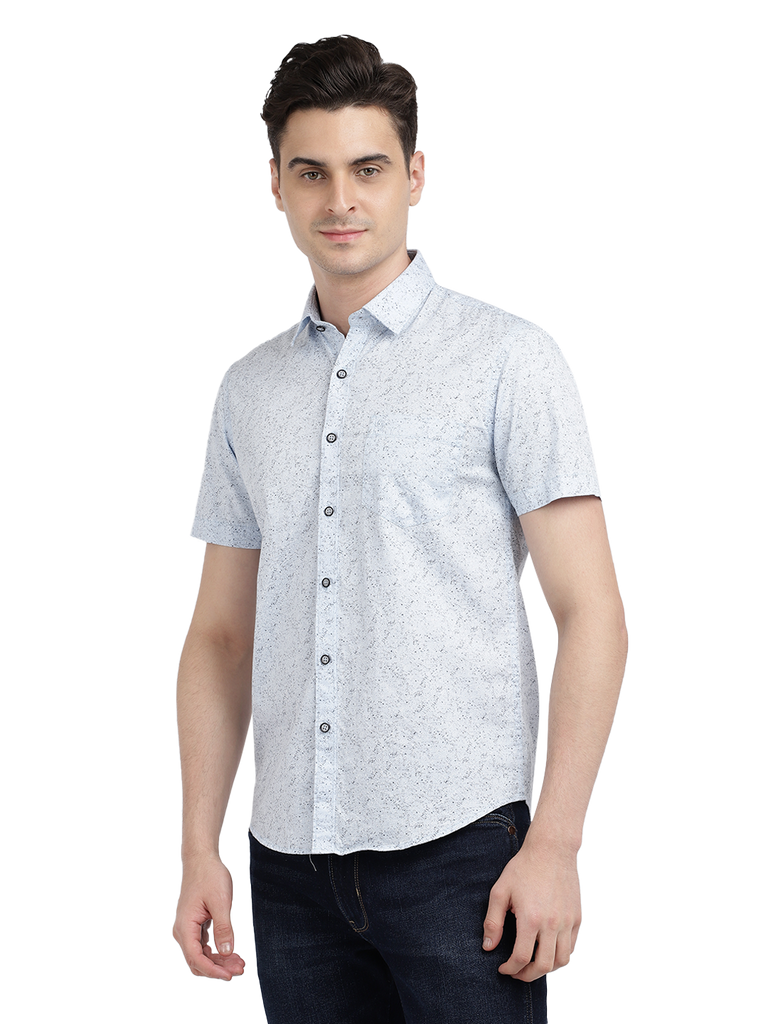 Model wearing Clarke Gable's Light Blue Printed Casual Shirt in a casual setting