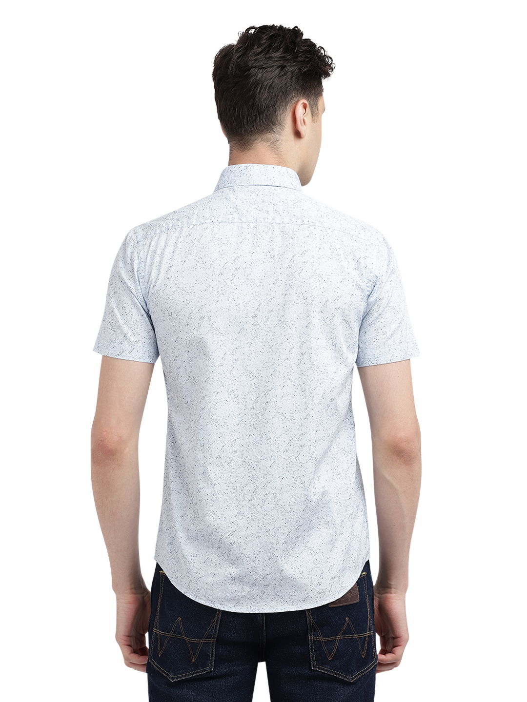 Model wearing Clarke Gable's Light Blue Printed Casual Shirt in a casual setting