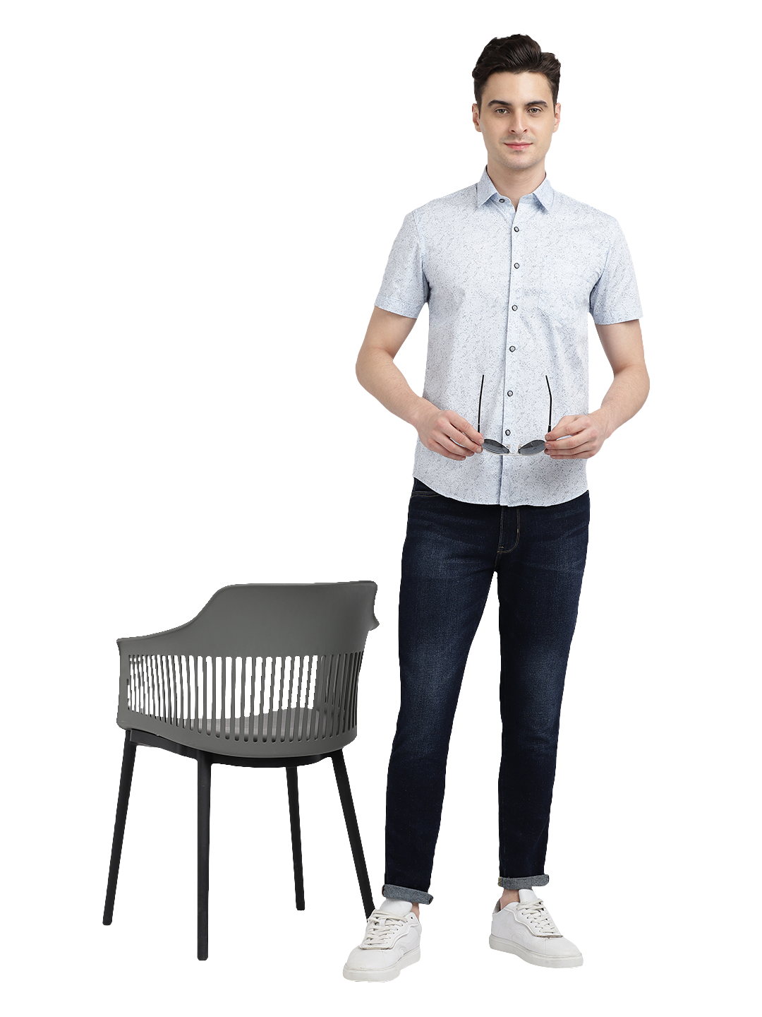 Model wearing Clarke Gable's Light Blue Printed Casual Shirt in a casual setting