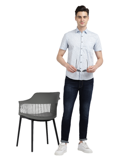 Model wearing Clarke Gable's Light Blue Printed Casual Shirt in a casual setting